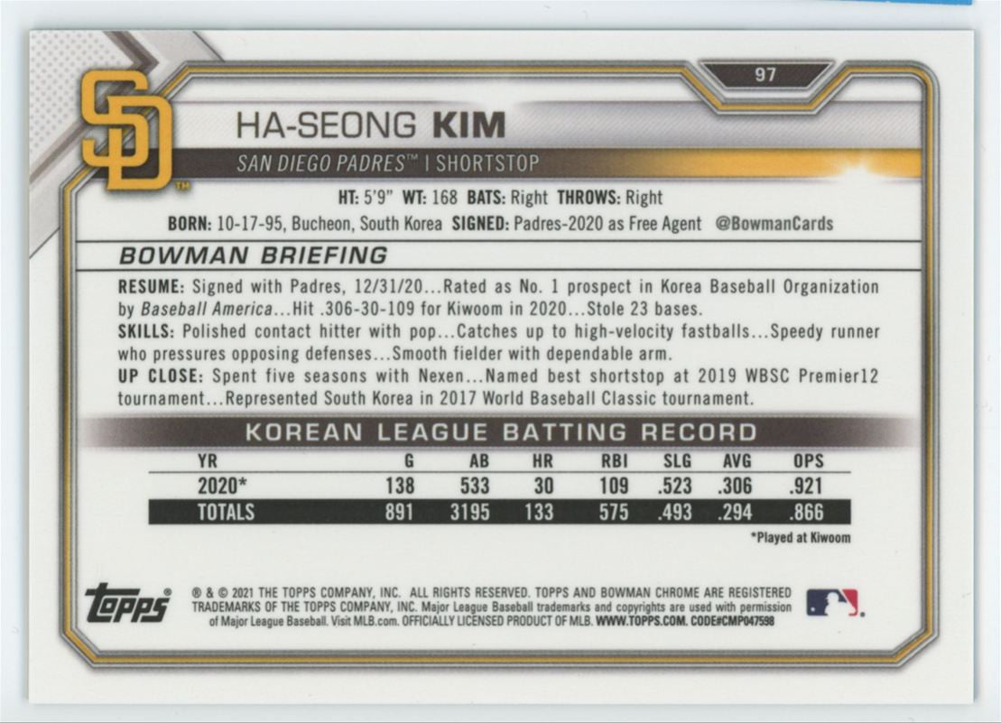2021 Bowman Chrome Ha-Seong Kim RC X-Fractor Green  /31 #97