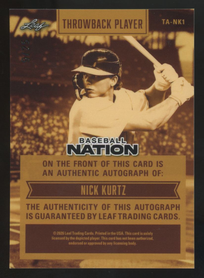 2026 Leaf Baseball Nation Nick Kurtz Throwback Player Auto /25 #TA-NK1