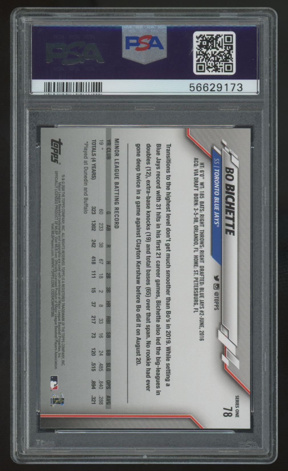 2020 Topps Series One Bo Bichette RC #78 PSA 10