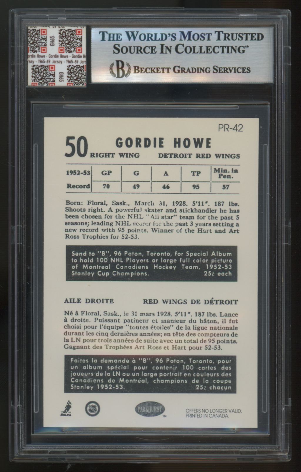 1993-94 Parkhurst Parkie Reprint Gordie Howe Patch BGS 9 Jersey Fusion Authentic
