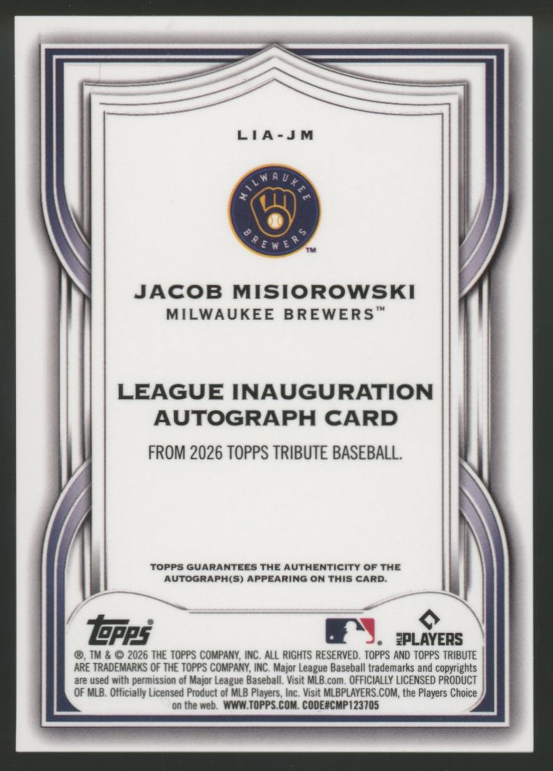 2026 Topps Tribute Jacob Misiorowski RC League Inauguration Auto Gold /50