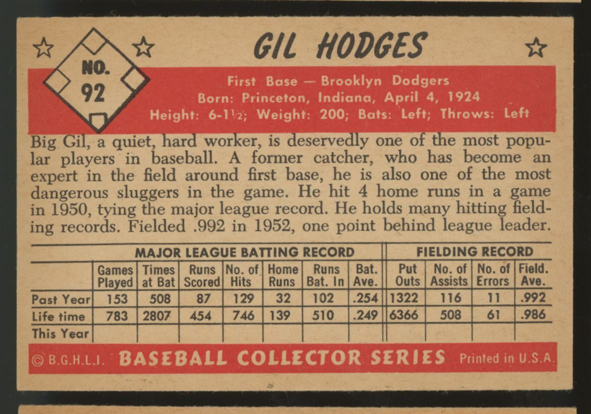1953 Bowman Color Gil Hodges #92 VG/EX