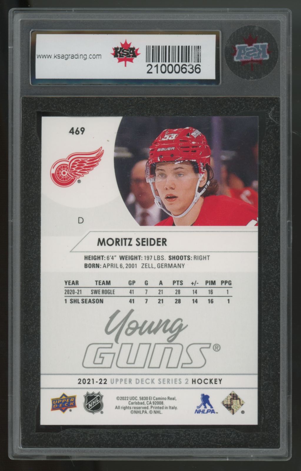 2021-22 Upper Deck Moritz Seider RC Young Guns #469 KSA 9.5