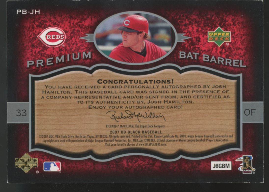 2007 Upper Deck Black Josh Hamilton Bat Barrel Auto /50 #PB-JH