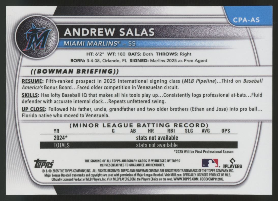 2025 Bowman Chrome Andrew Salas 1st Speckle Refractor Auto /299 #CPA-AS