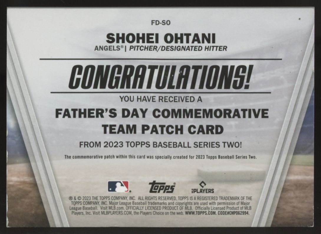 2023 Topps Shohei Ohtani Father's Day Commemorative Patch #FD-SO *Corner/Edge