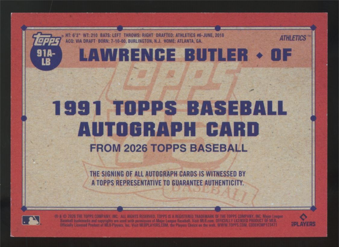 2026 Topps Series One Lawrence Butler 1991 Green Foil Auto /99 #91A-LB