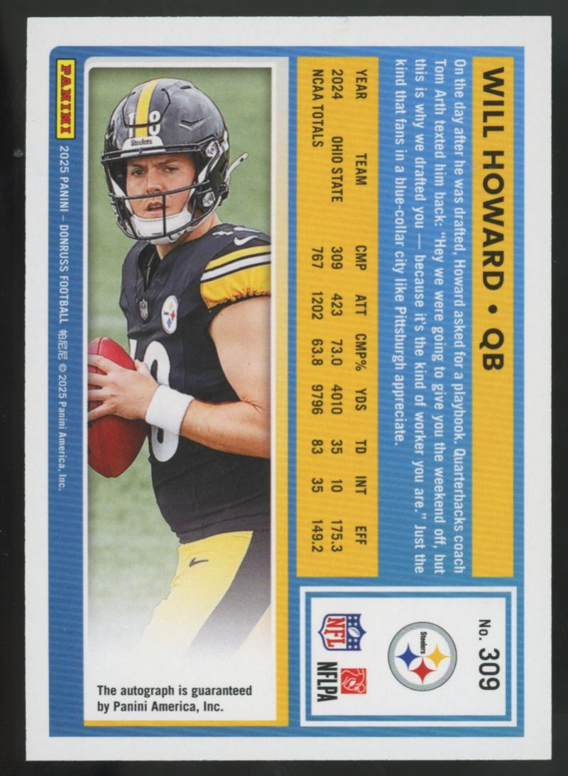 2025 Panini Donruss Will Howard RC Rated Rookie Auto /199 #309