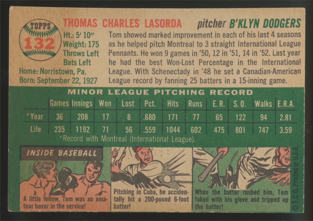 1954 Topps Tom Lasorda RC #132 EX