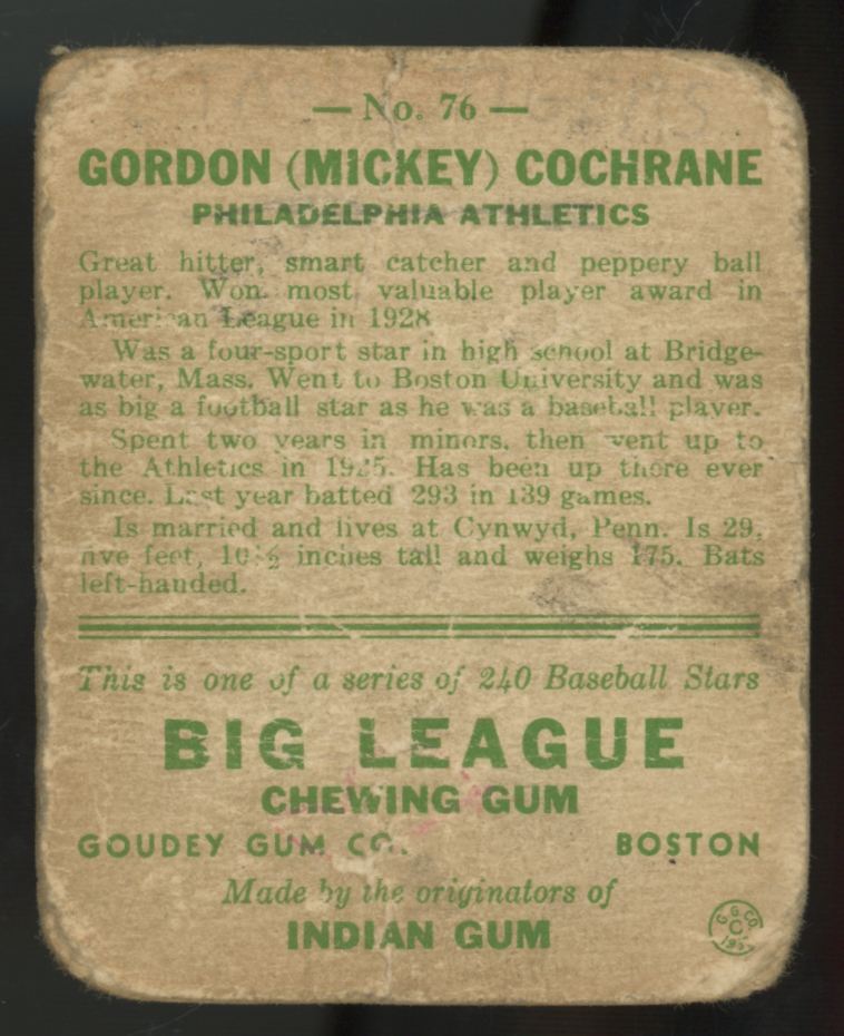1933 Goudey Gordon Mickey Cochrane #76 Poor