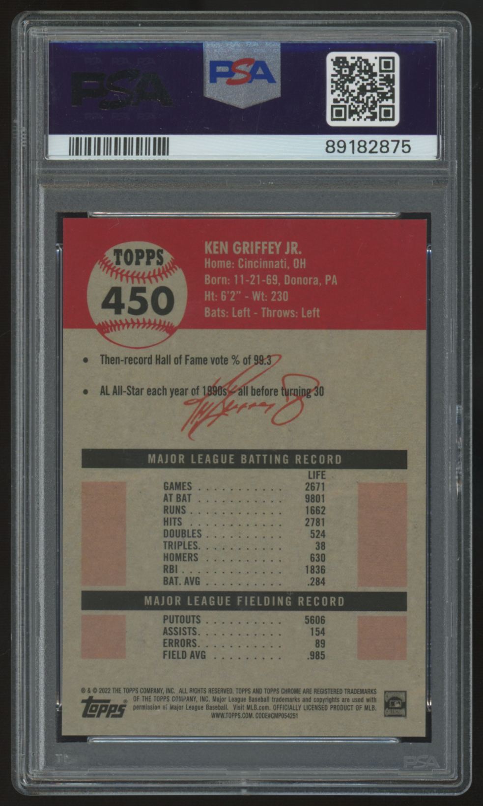 2022 Topps Chrome Platinum Ken Griffey Jr. Image Variation SP #450 PSA 10