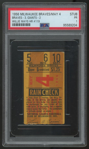 1956 Milwaukee Braves Ticket Stub vs. Giants Willie Mays HR PSA 1