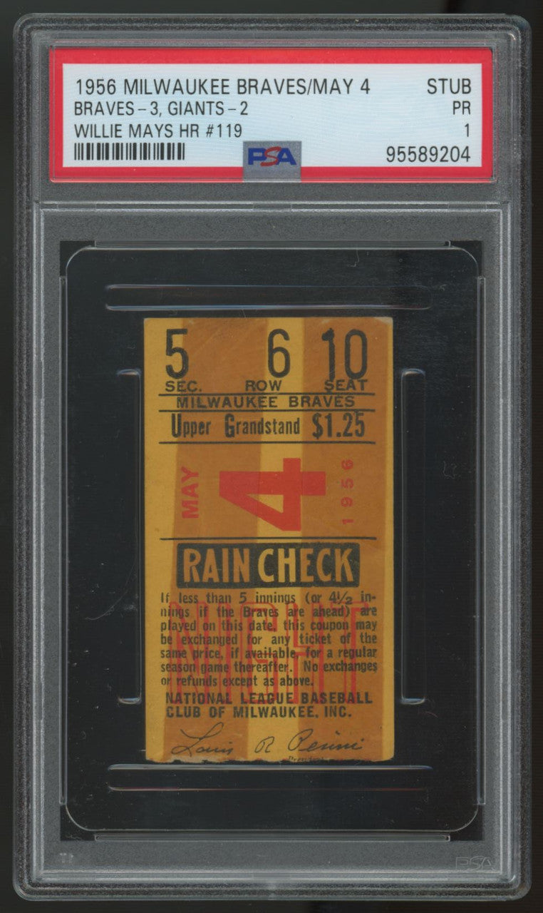 1956 Milwaukee Braves Ticket Stub vs. Giants Willie Mays HR PSA 1