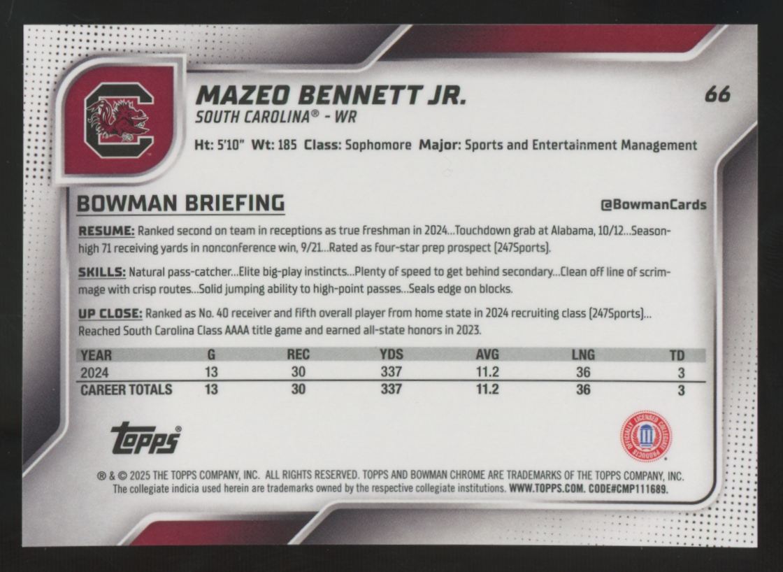 2025 Bowman Chrome U Mazeo Bennett Jr. 1st Prospect Red Shimmer Refractor /5 #66