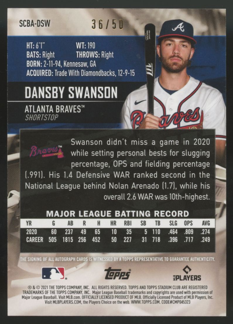 2021 Topps Stadium Club Dansby Swanson Red Foil Auto /50 #SCBA-DSW