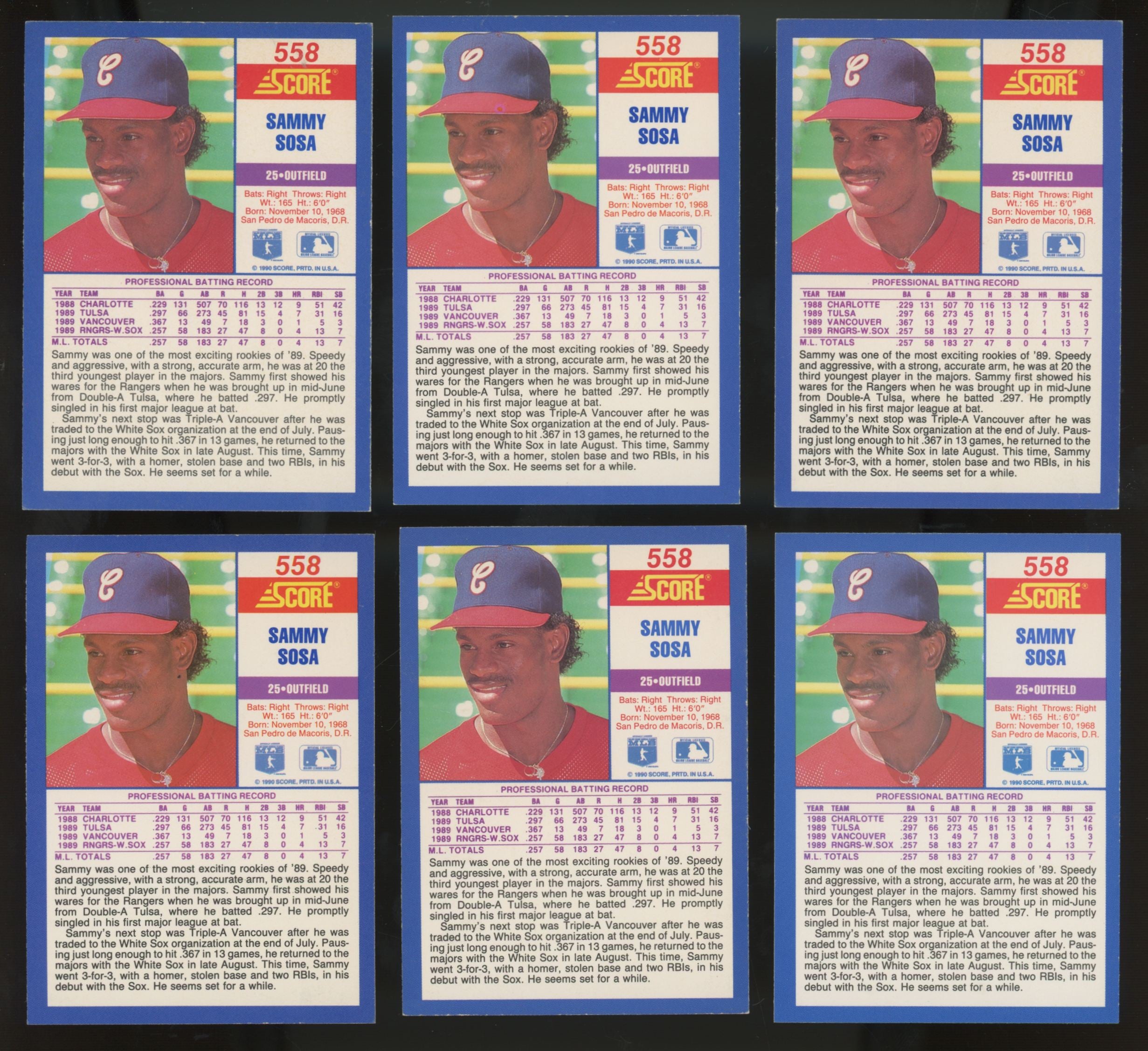 1990 Score Sammy Sosa RC #558 (Lot Of 20)