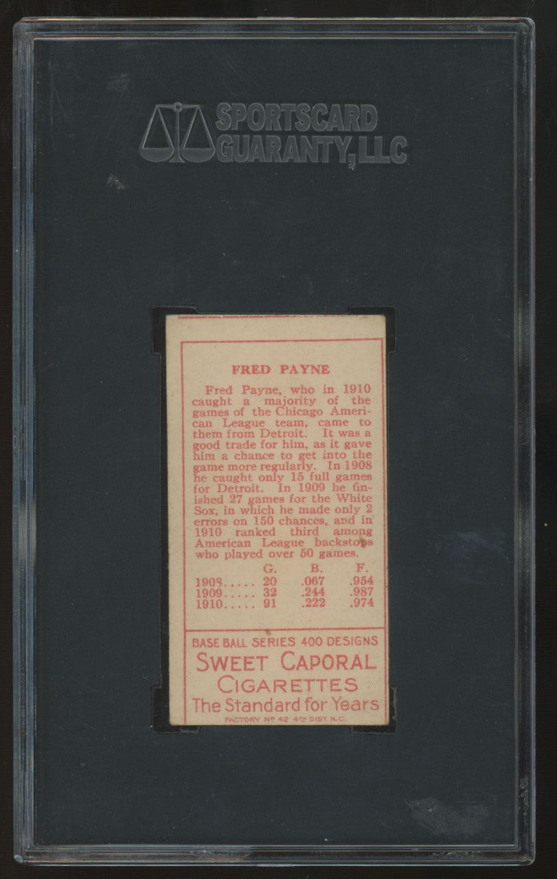 1911 T205 Fred Payne Sweet Caporal Cigarettes Back SGC 4