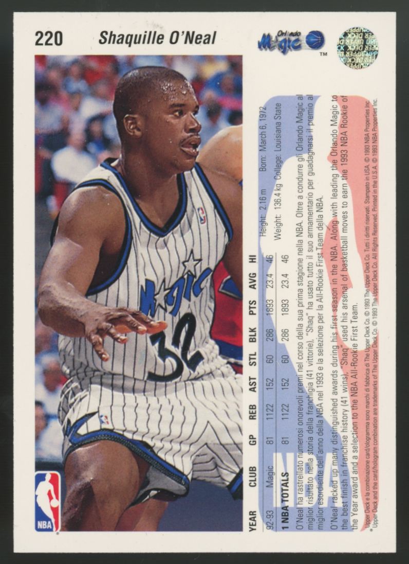 1992-93 Upper Deck International Shaquille O'Neal RC Italian #220