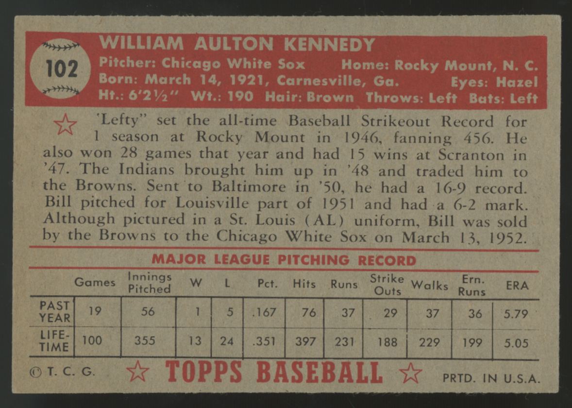 1952 Topps Bill Kennedy #102 EX