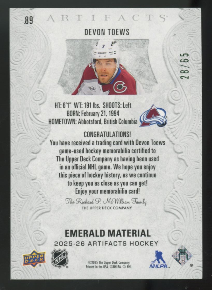 2025-26 Upper Deck Artifacts Devon Toews Emerald Dual Patch /65 #89