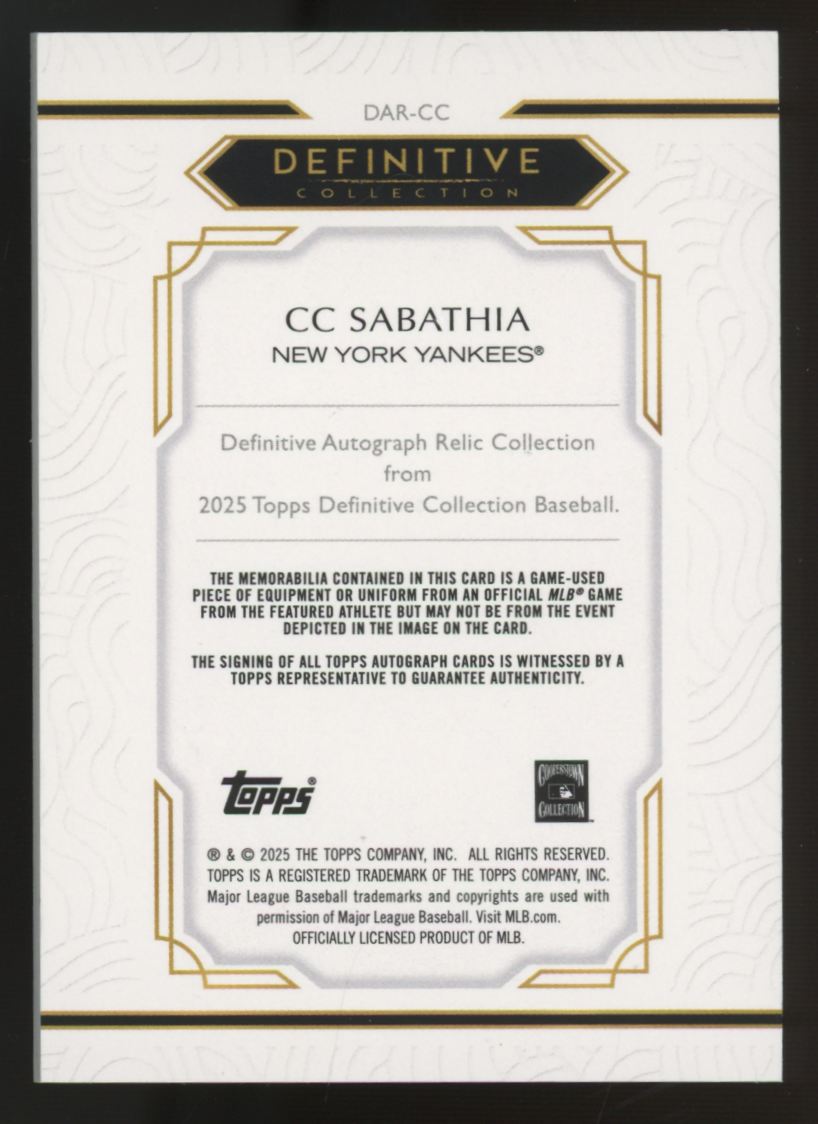 2025 Topps Definitive Collection CC Sabathia Patch Auto /50 #DAR-CC
