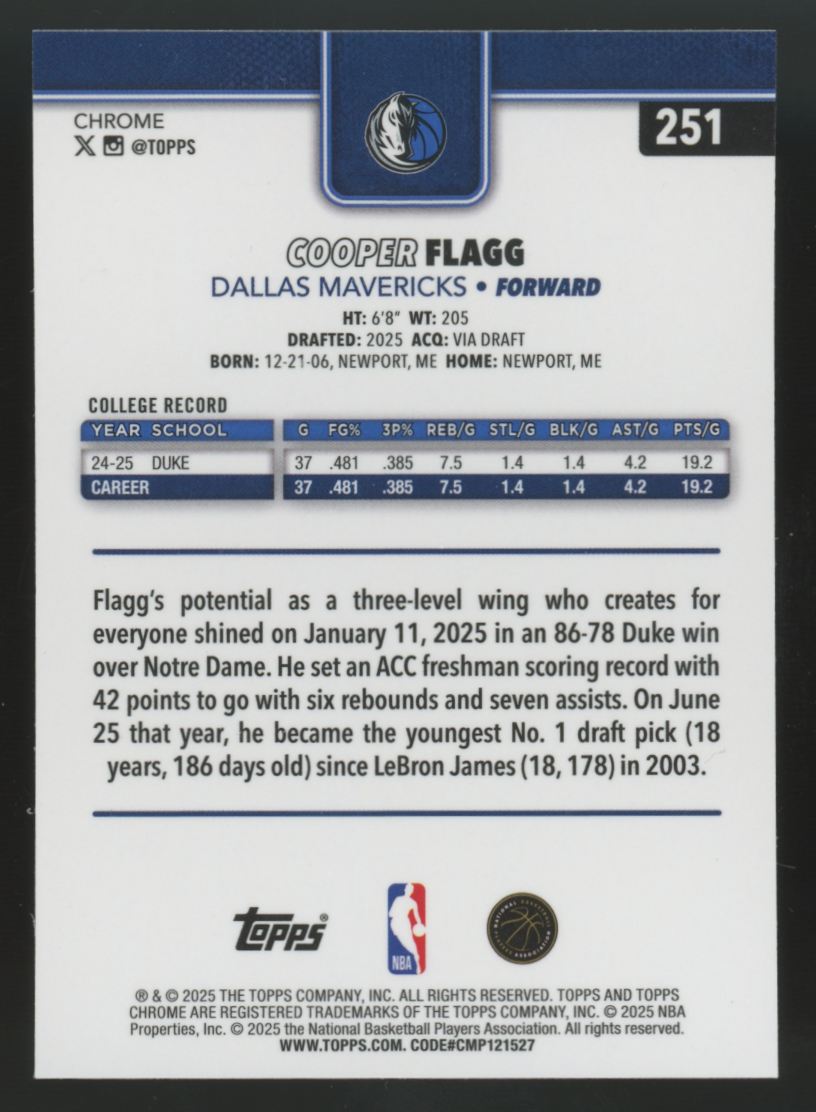 2025-26 Topps Chrome Cooper Flagg RC Basketball Refractor #251