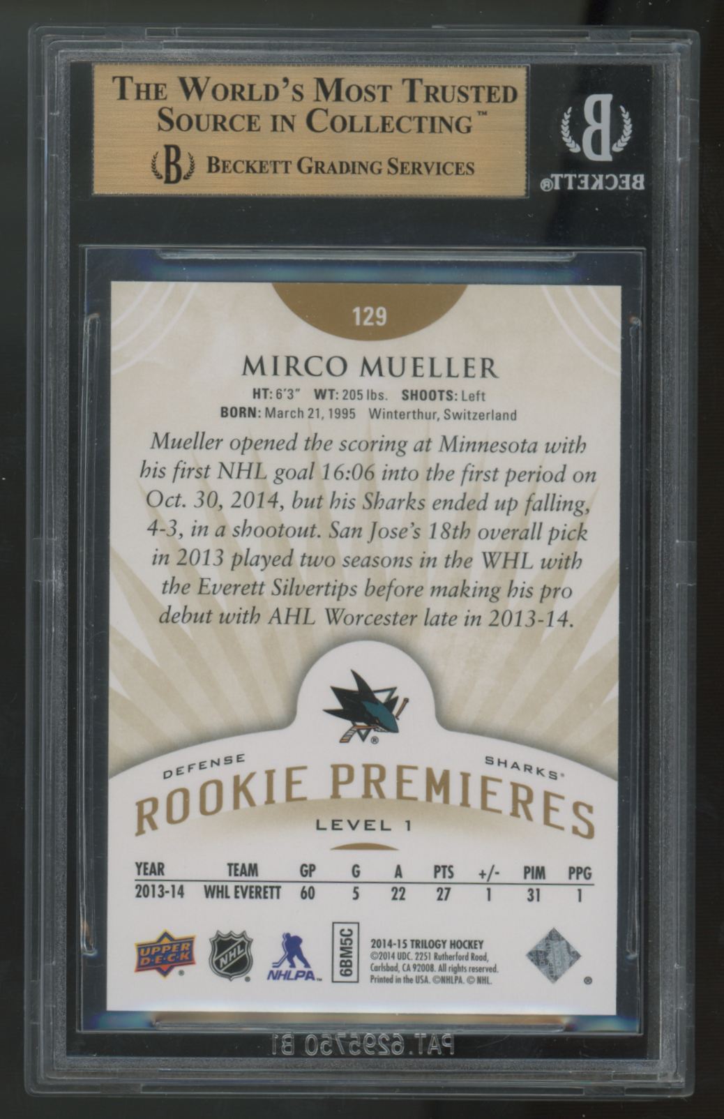 2014-15 Upper Deck Trilogy Mirco Mueller RC Premieres /799 #129 BGS 9.5