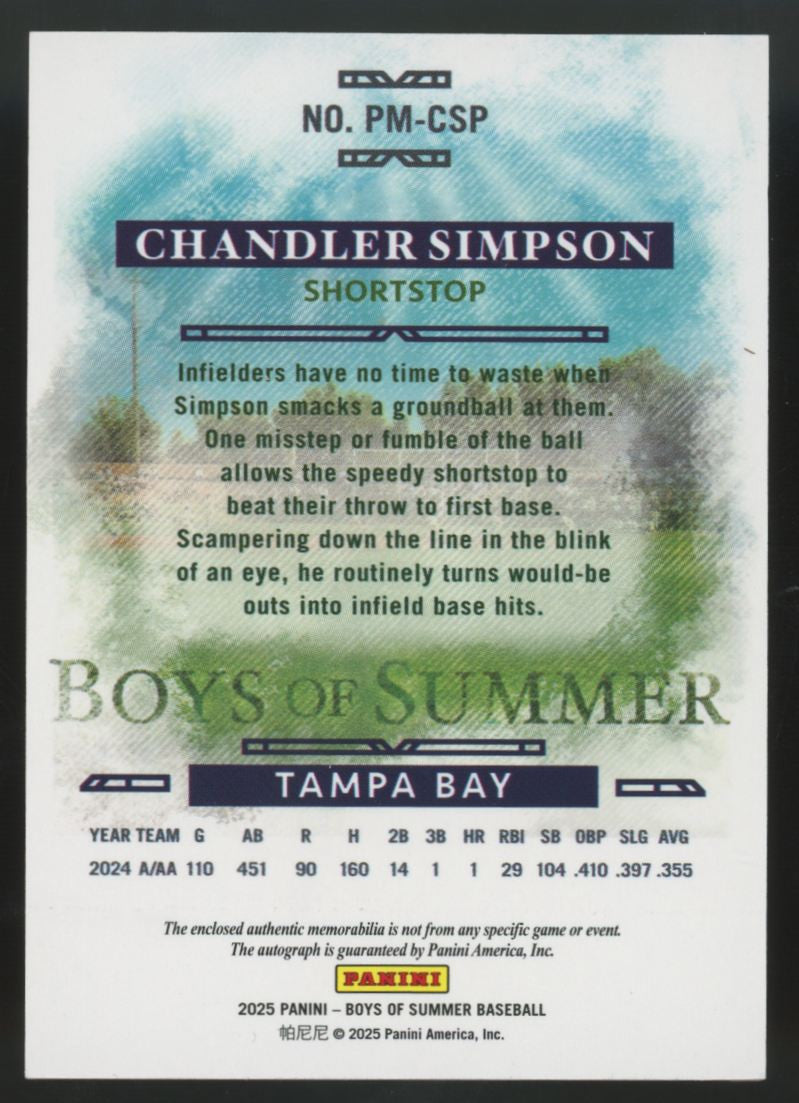 2025 Panini Boys Of Summer Chandler Simpson RC Patch Auto RPA /99 #PM-CSP