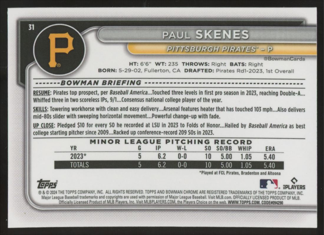 2024 Bowman Chrome Mega Box Paul Skenes RC Mojo #31