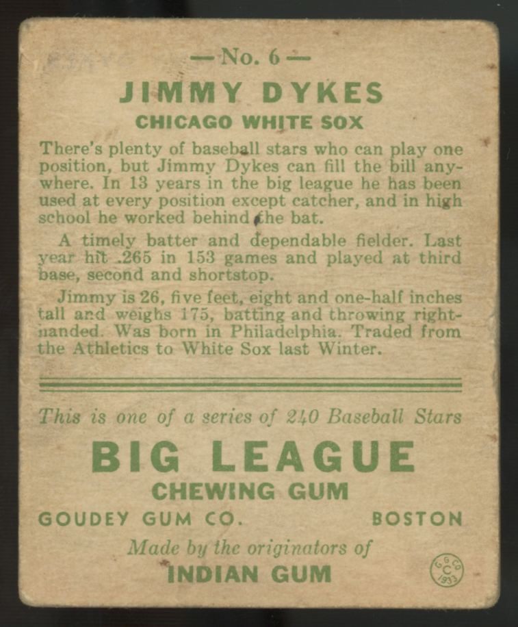 1933 Goudey Jimmy Dykes #6 F/G