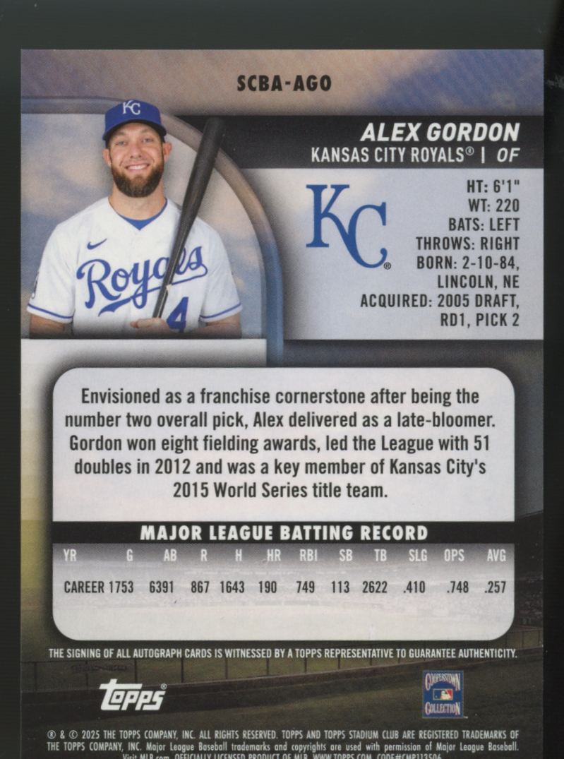 2025 Topps Stadium Club Alex Gordon Rainbow Foil Auto /25 #SCBA-AGO