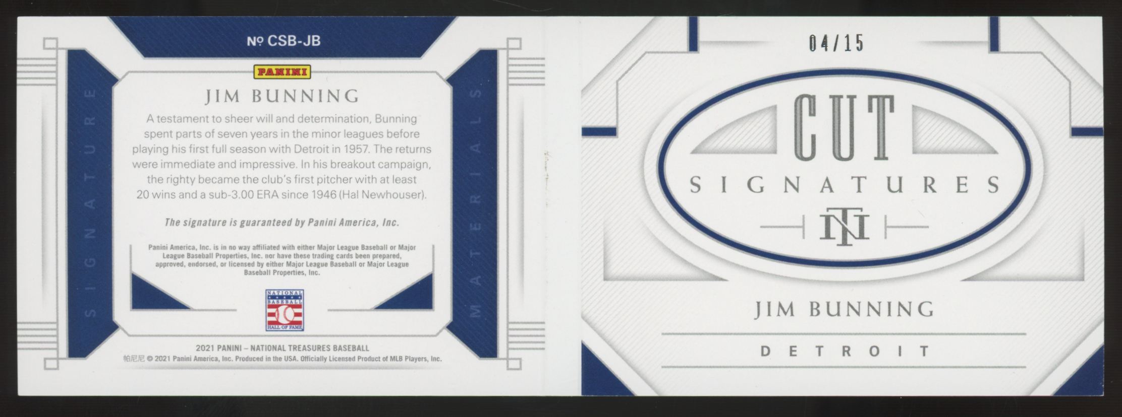 2021 Panini National Treasures Jim Bunning Cut Auto /15 #CSB-JB