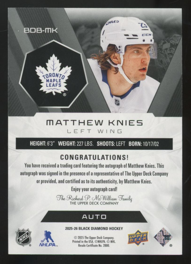 2025-26 Upper Deck Black Diamond Matthew Knies Auto /49 #BDB-MK