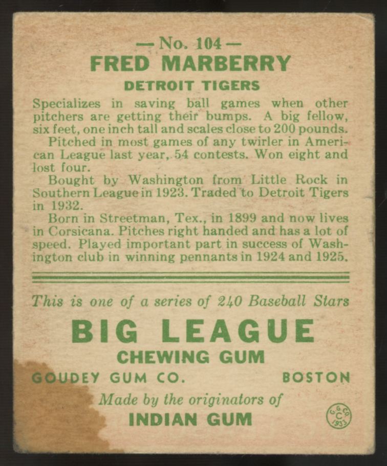1933 Goudey Fred Marberry #104 Poor "A"