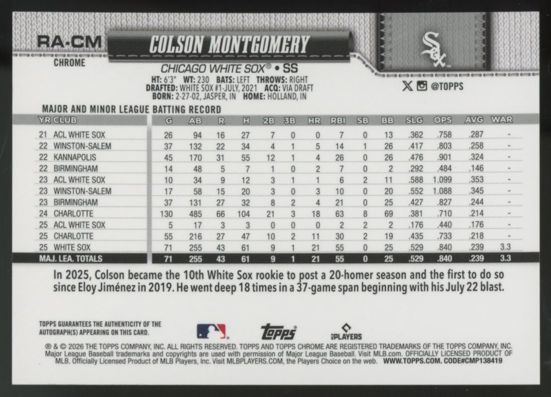 2026 Topps Chrome Logofractor Colson Montgomery RC Auto #RA-CM