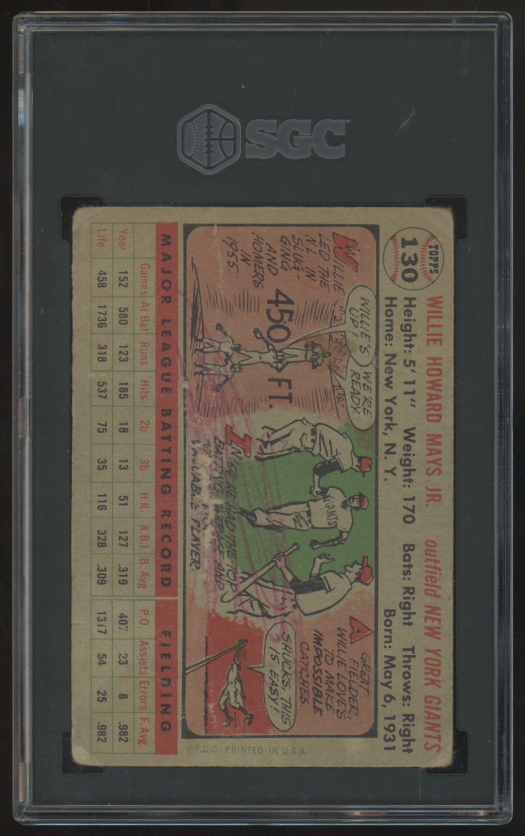 1956 Topps Willie Mays Gray Back #130 SGC 1 *809