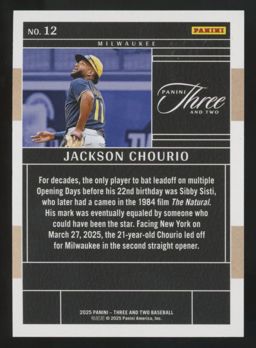 2025 Panini Three & Two Jackson Chourio Holo Blue /15 #12