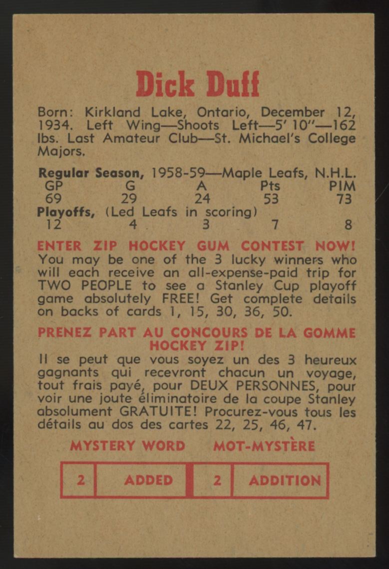 1959-60 Parkhurst Dick Duff #38 NM