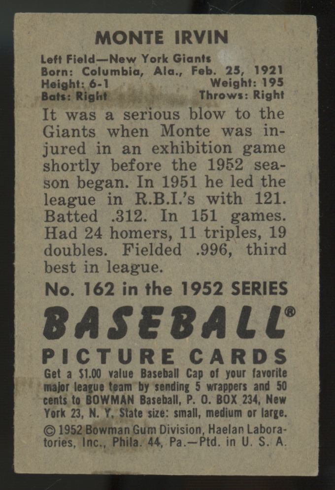 1952 Bowman Monte Irvin #162 EX