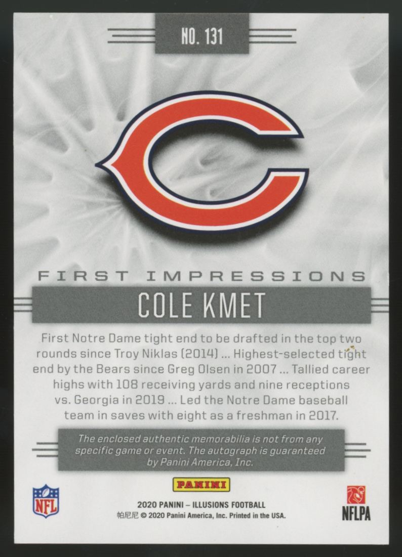2020 Illusions Cole Kmet RC First Impressions Patch Auto RPA /299 #131