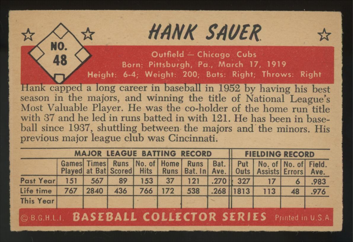 1953 Bowman Color Hank Sauer #48 VG/EX