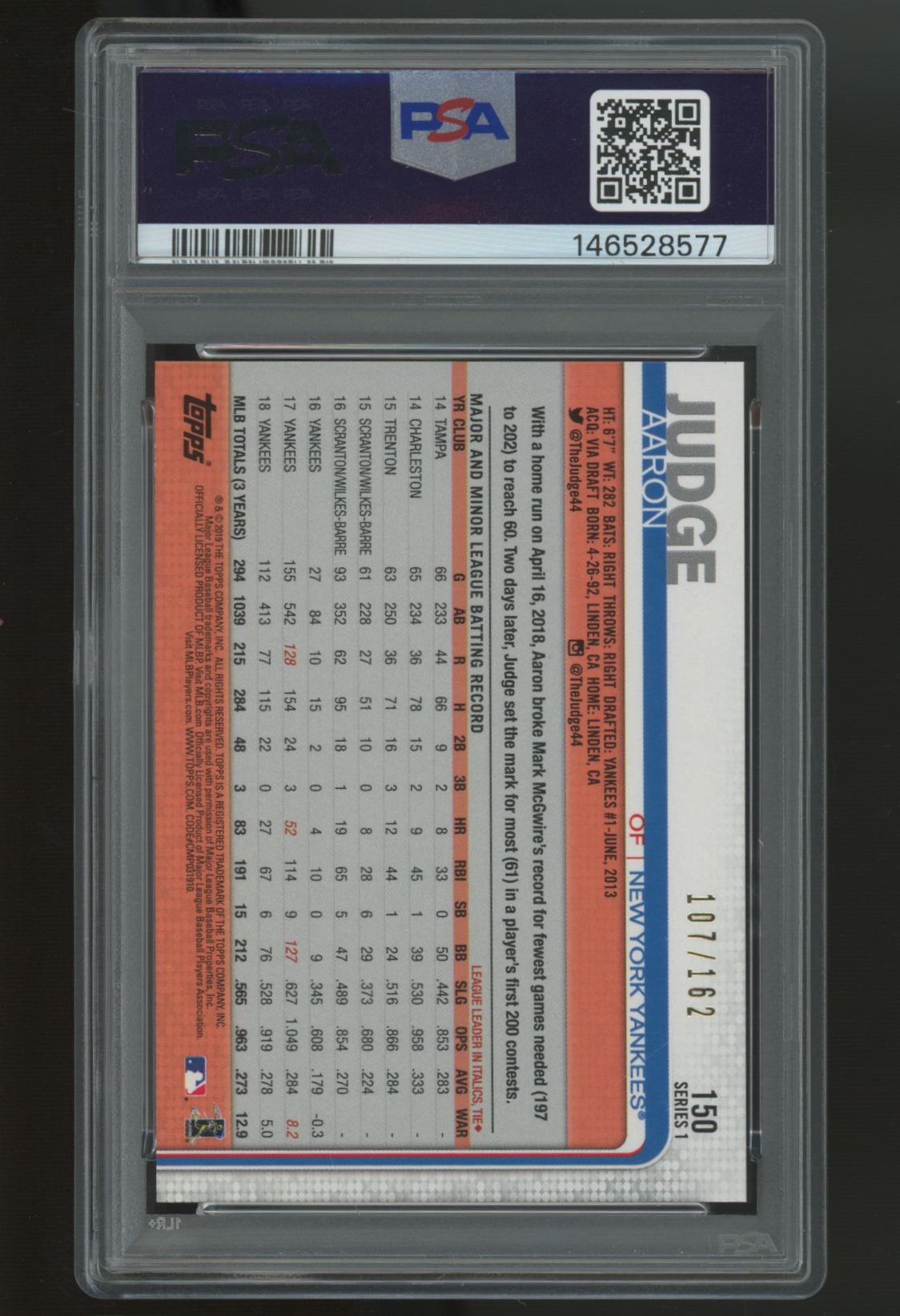 2019 Topps Baseball Factory Set Hobby Aaron Judge Foilboard /162 #150 PSA 10
