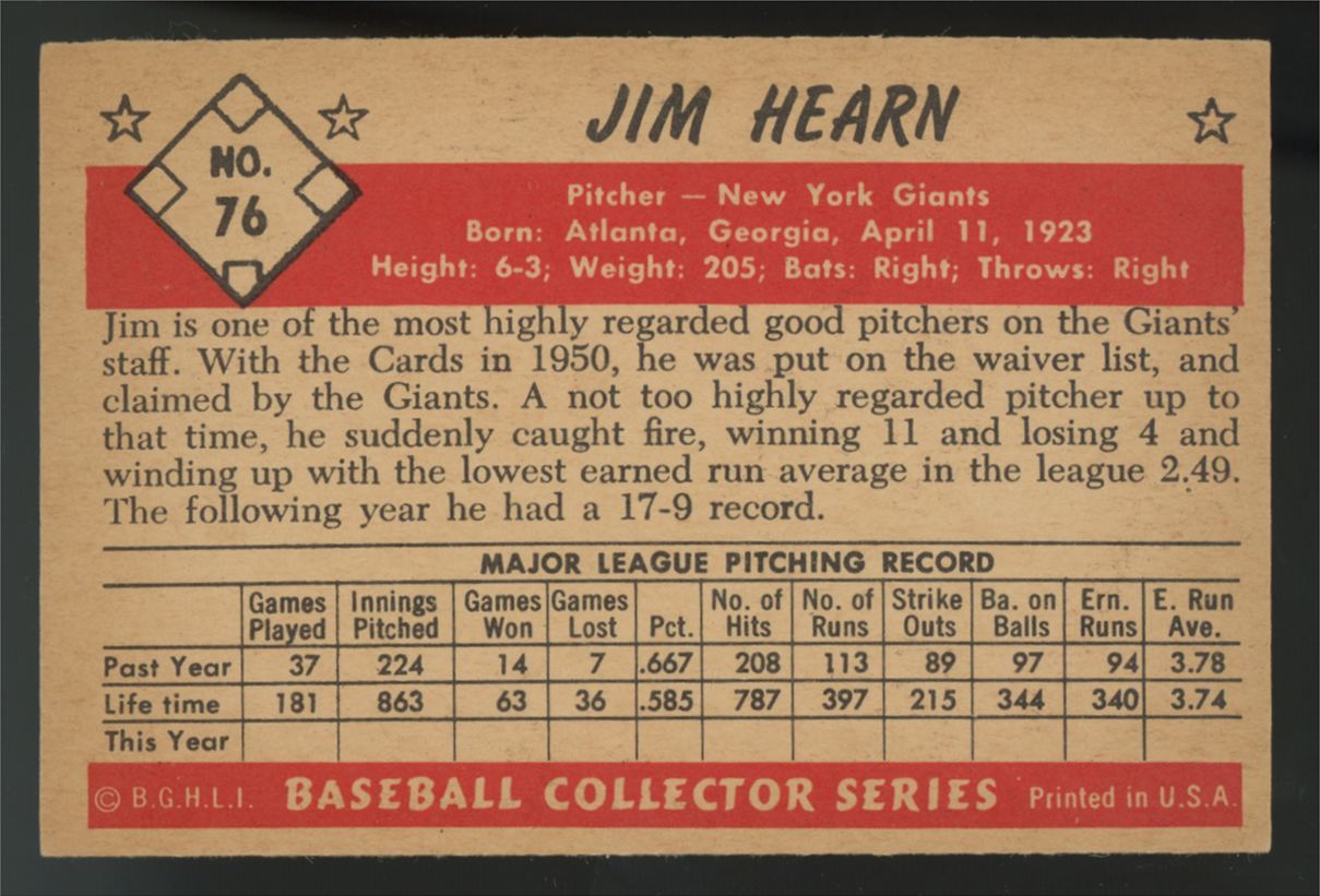 1953 Bowman Color Jim Hearn #76 NM