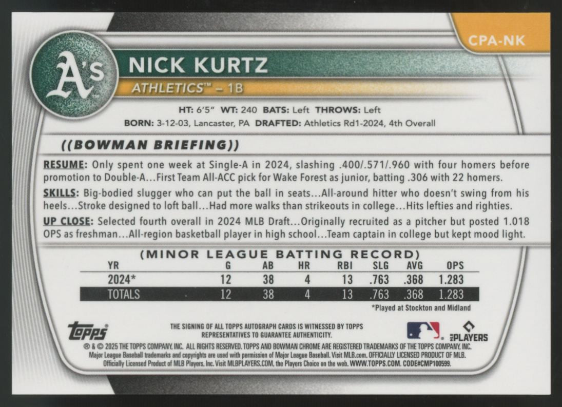 2025 Bowman Nick Kurtz Prospect Chrome Auto #CPA-NK