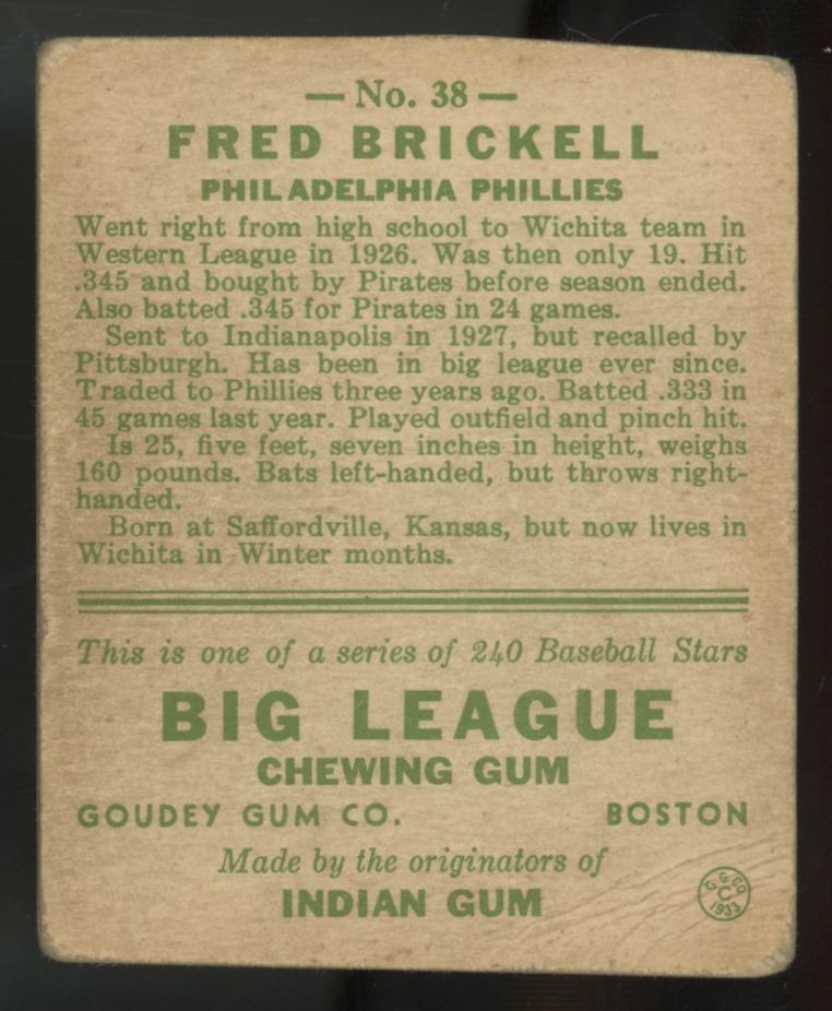 1933 Goudey Fred Brickell #38 Poor