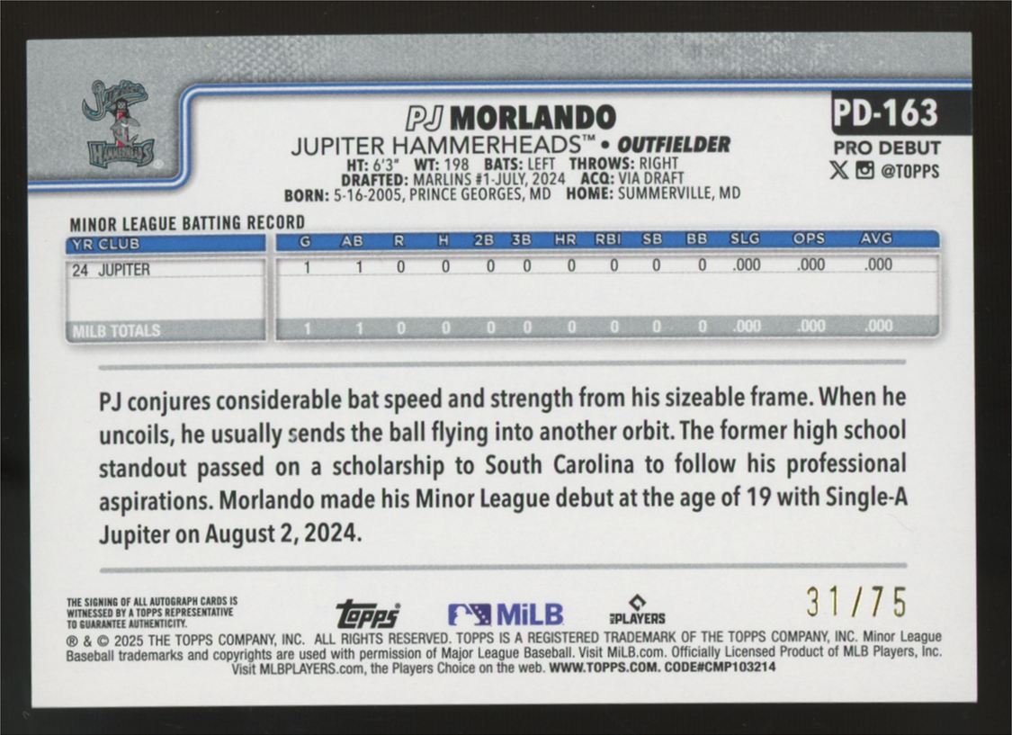 2025 Topps Pro Debut PJ Morlando Aqua Refractor Auto /75 #PD-163