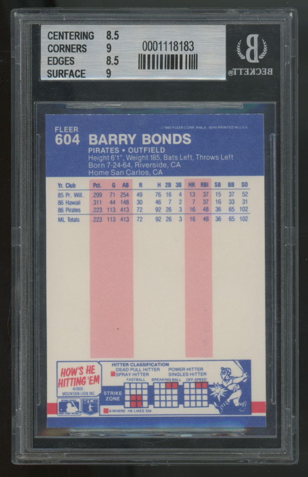 1987 Fleer Glossy Barry Bonds RC #604 BGS 8.5