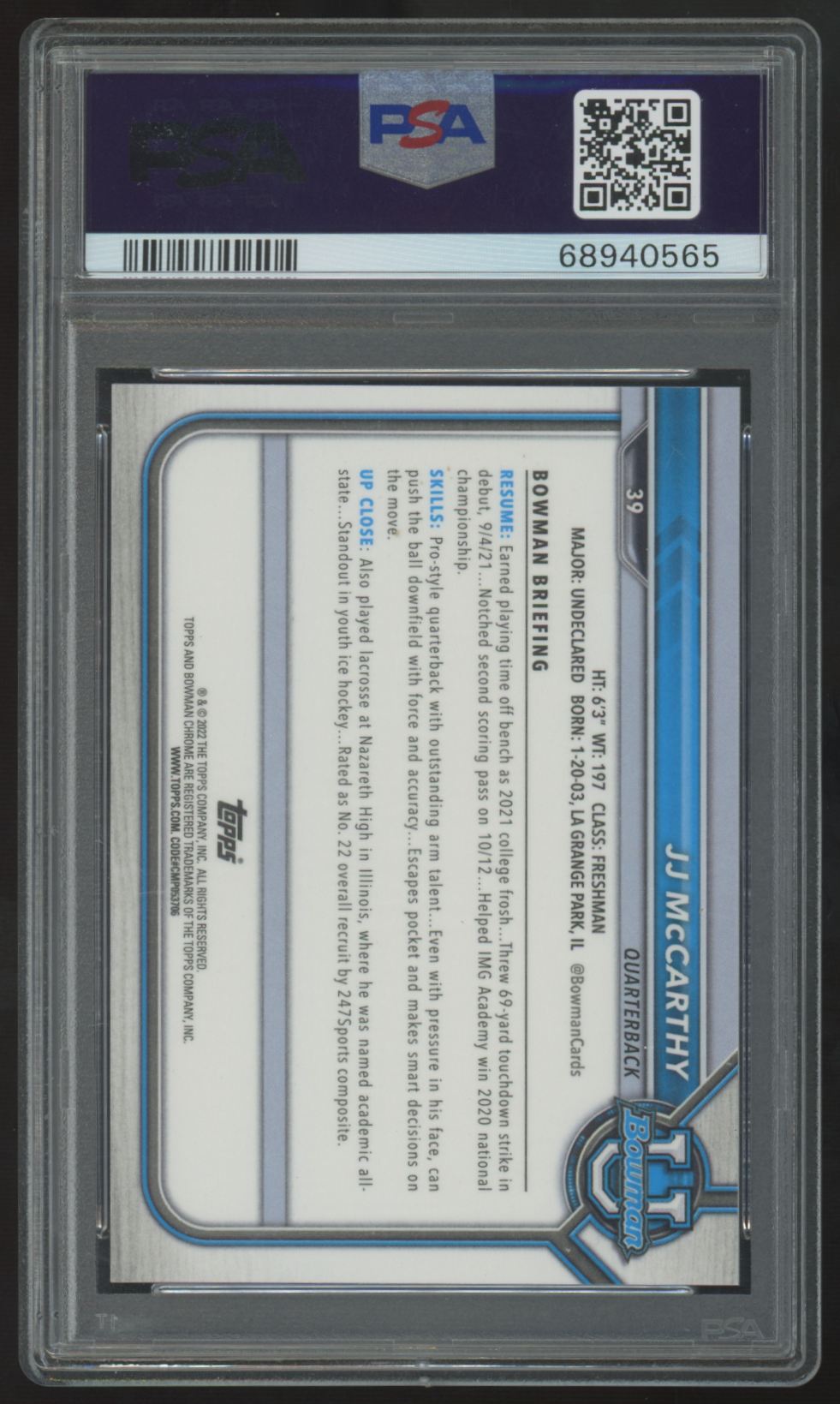 2021 Bowman University J.J. McCarthy 1st Chrome Prospect Yellow /75 #39 PSA 10