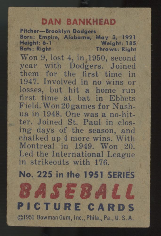1951 Bowman Dan Bankhead RC #225 EX