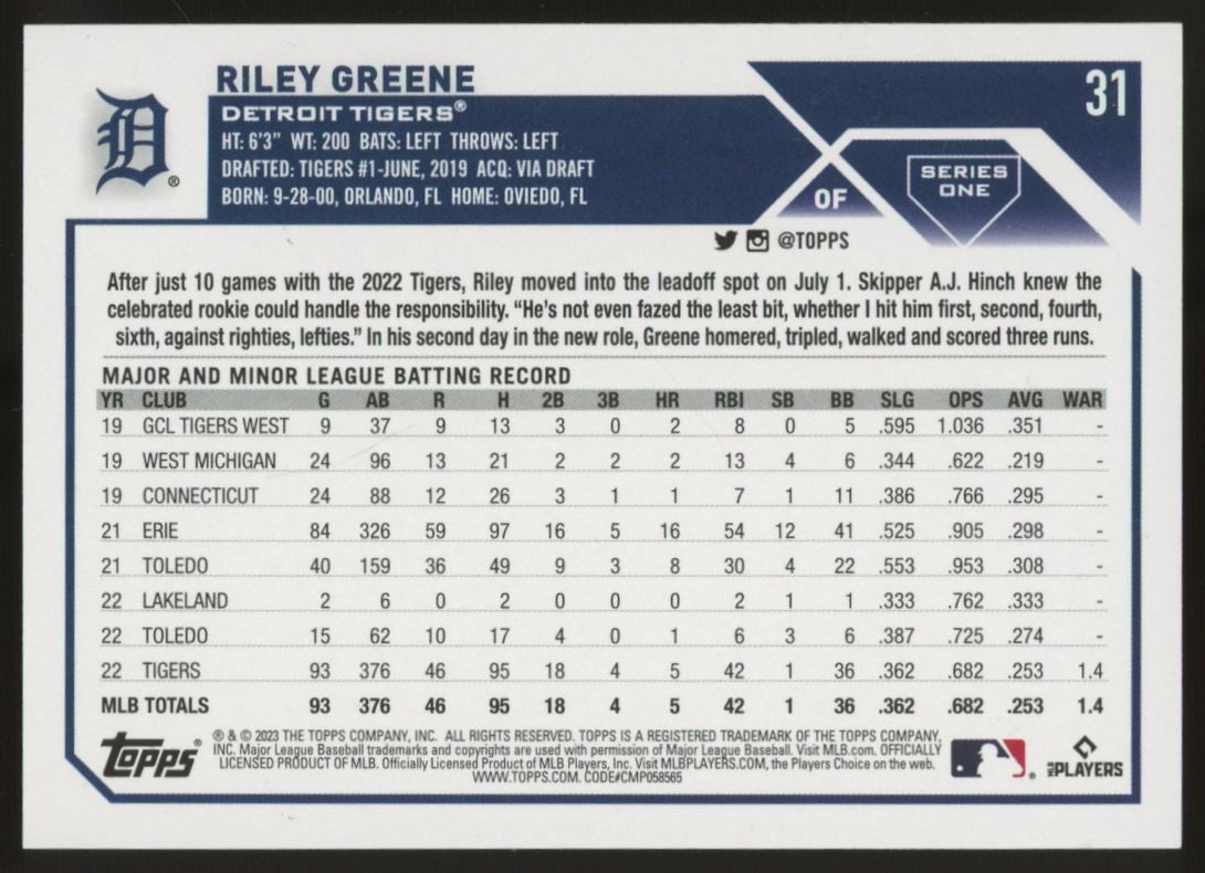 2023 Topps Riley Greene RC #31 Signed IP Auto
